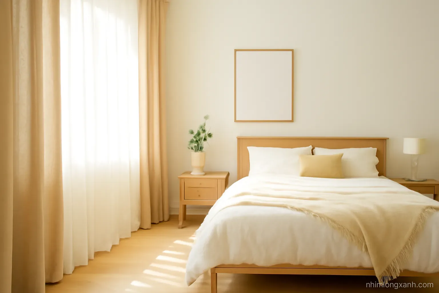 Wide shot of a bright Vietnamese bedroom with floor-length linen curtains half drawn, sunlight streaming through sheer layer onto wooden floor, warm sand and white palette
