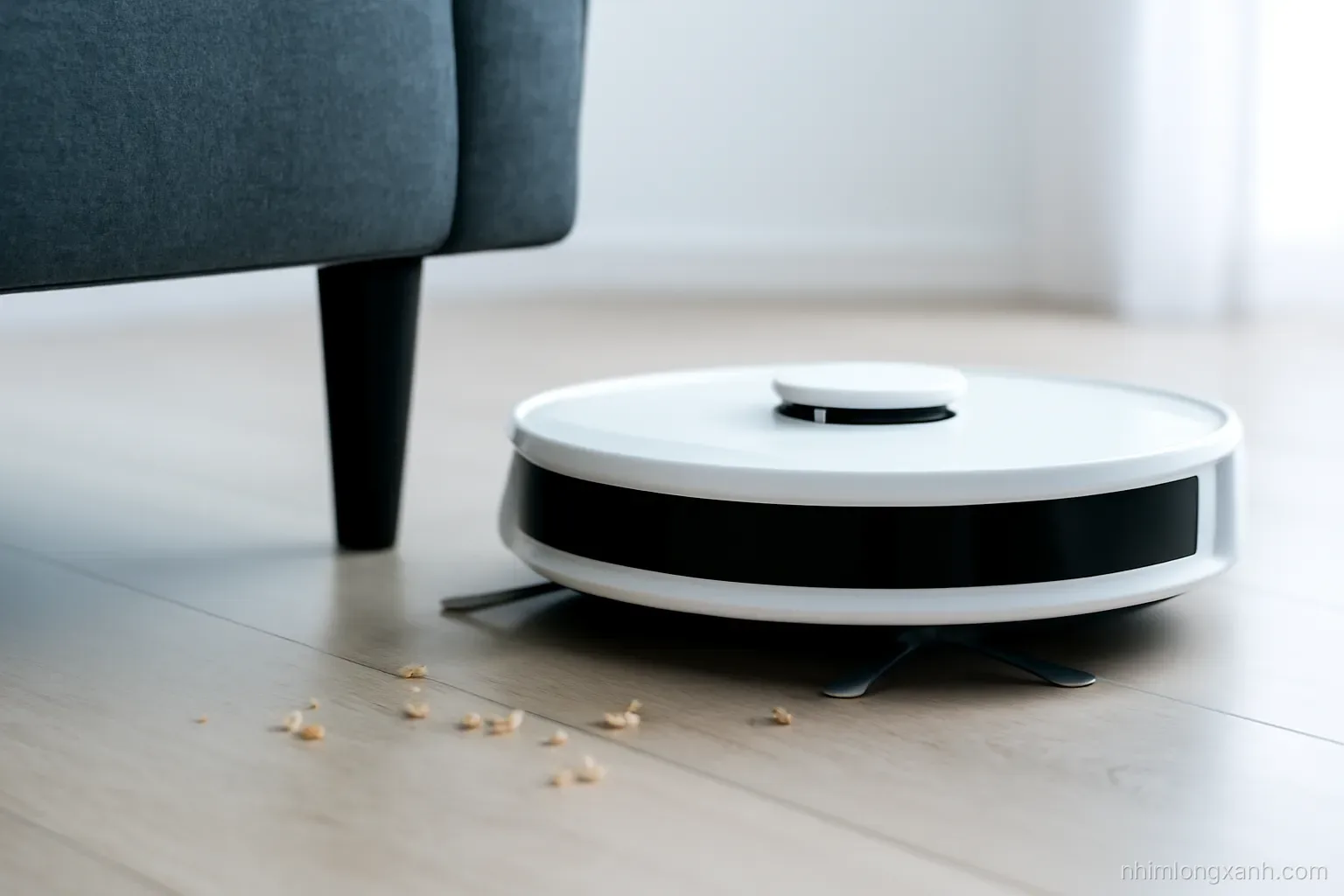 Low angle close-up at floor level of a robot vacuum spinning its side brush beside a dark grey sofa leg, crumbs on light oak floor, crisp cool daylight, slate and white palette