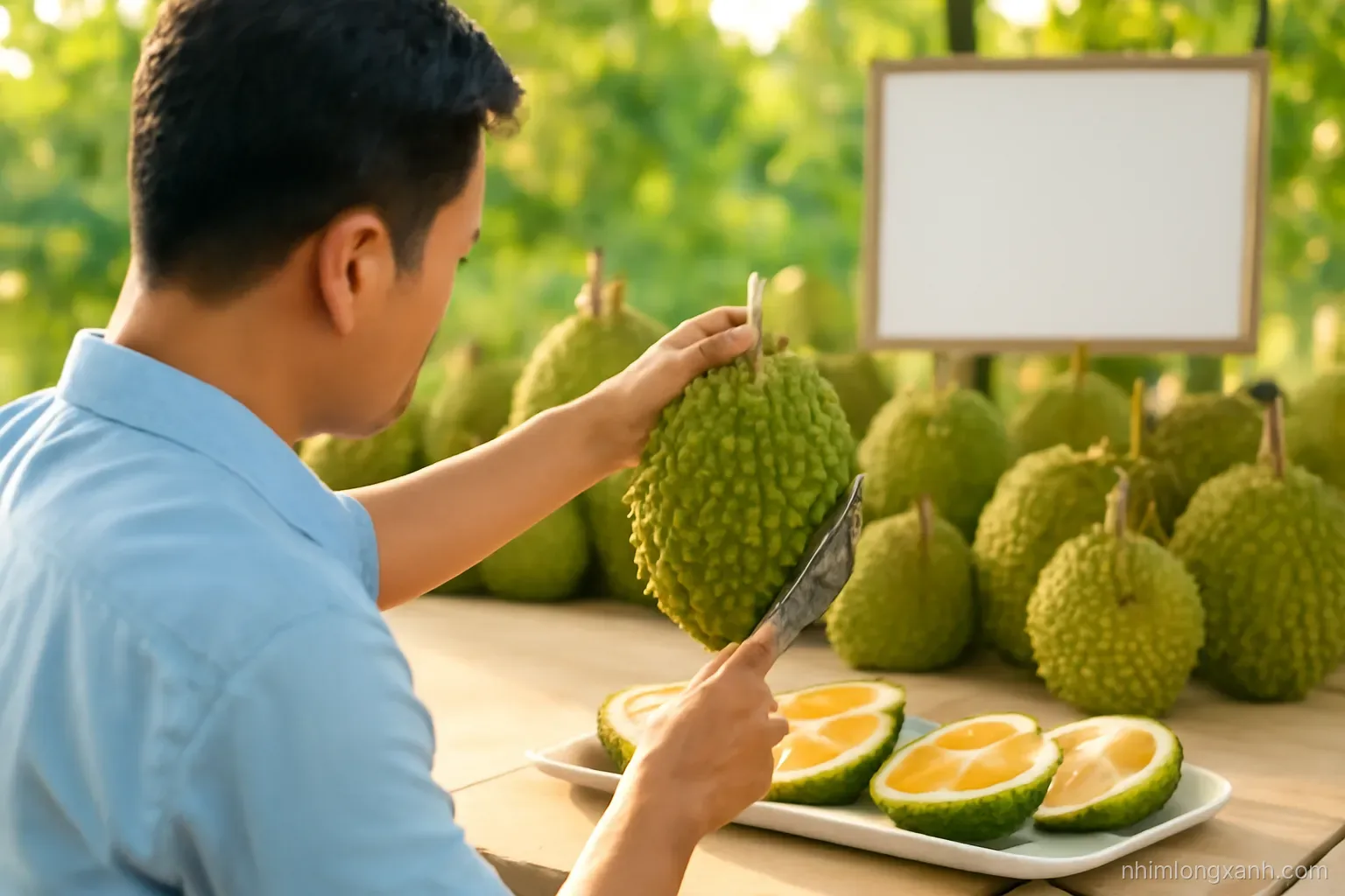 Over-the-shoulder shot of a Vietnamese man tapping a spiky green durian with a knife handle at an orchard stall, golden durian pods opened on a tray, warm late afternoon light