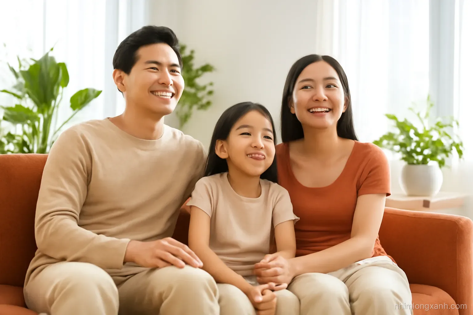 Low angle shot of a Vietnamese family of three sitting together on a warm terracotta fabric sofa, bright sunlit living room with plants, cheerful mood, cream and rust colors