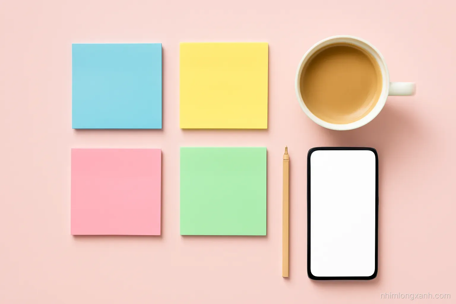 Top-down flat lay of colorful sticky notes, a pencil, a coffee cup and a smartphone with blank screen on a pastel pink table, bright natural daylight