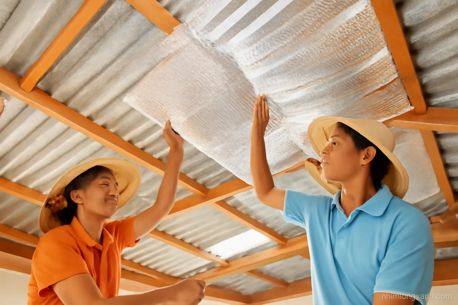 Two Vietnamese workers installing reflective insulation sheets under a corrugated metal roof, viewed from low angle inside an attic space, bright daylight through gaps, silver and warm orange tones