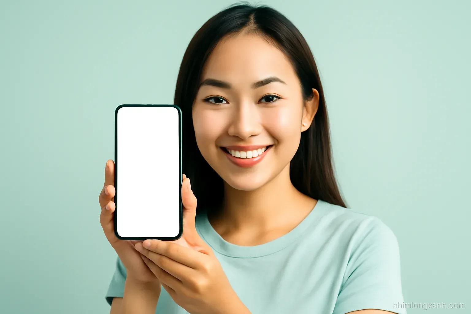 Close-up of a young Vietnamese woman holding a smartphone vertically with both thumbs on the side buttons, glowing empty screen, soft pastel mint background, bright studio light