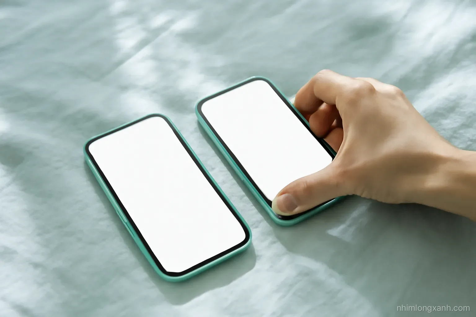 Two smartphones lying side by side on a light grey linen sheet, both glowing with empty screens, a hand placing a new one down, fresh morning light, mint and silver palette