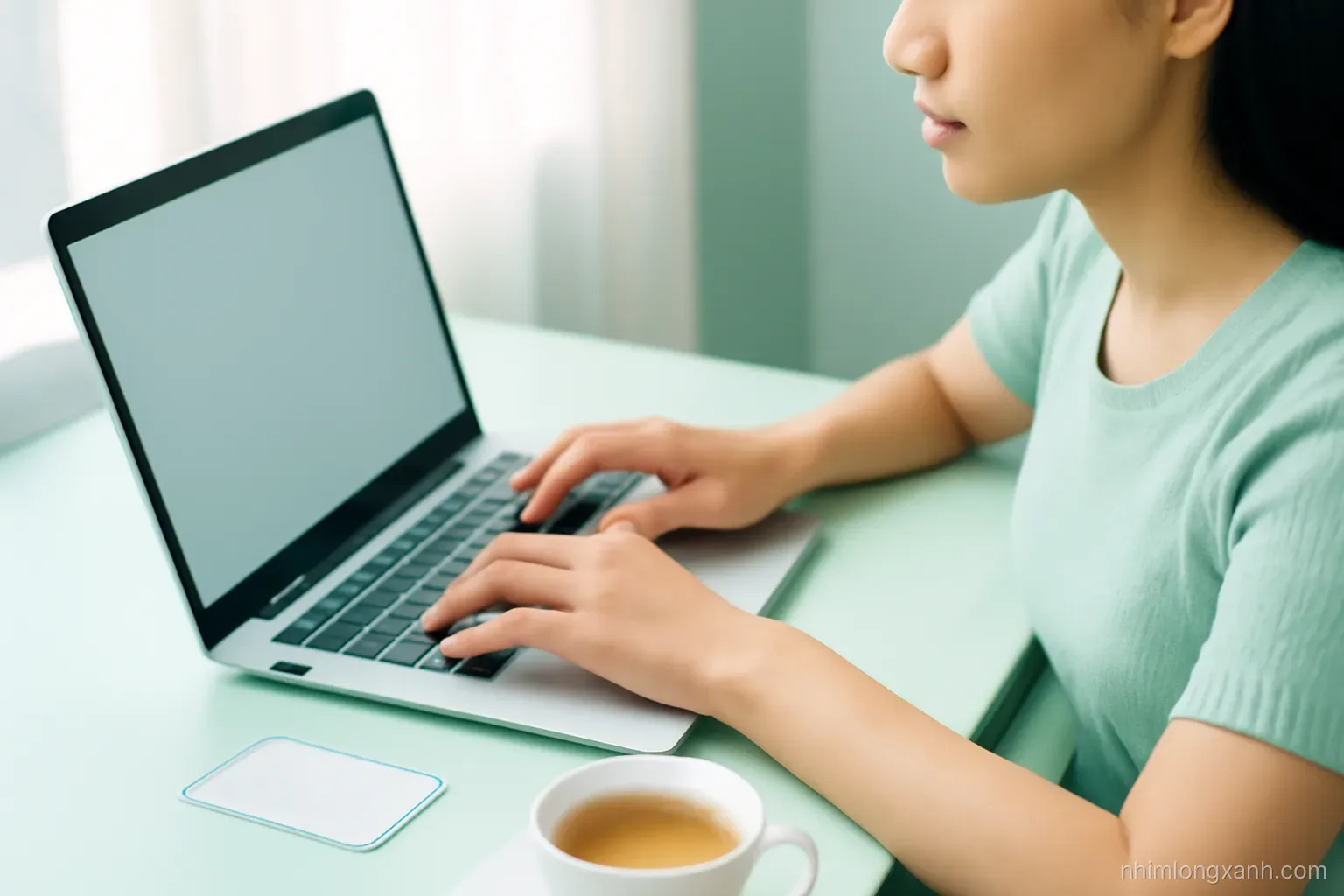 Close-up of a Vietnamese woman hands typing on a laptop keyboard beside an identity card face down and a cup of tea, soft morning window light, mint green tones
