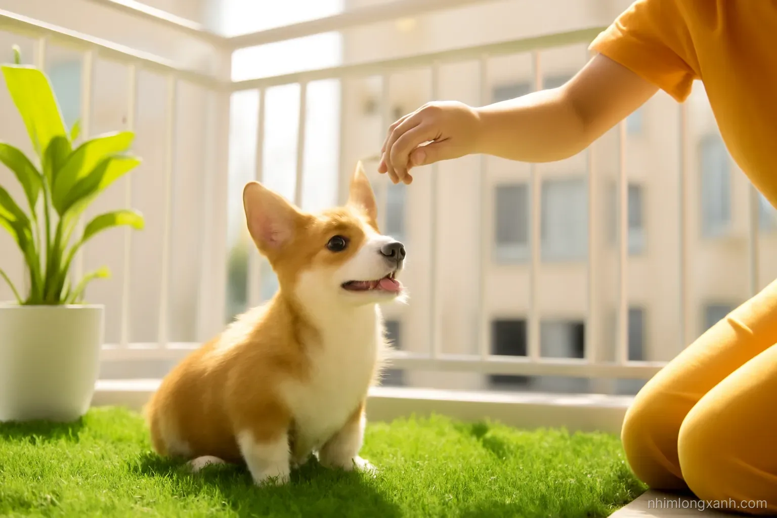 Low angle shot of a corgi puppy sitting on a small grass patch on an apartment balcony, a Vietnamese owner hands offering a treat, fresh morning light, green and sunny yellow palette