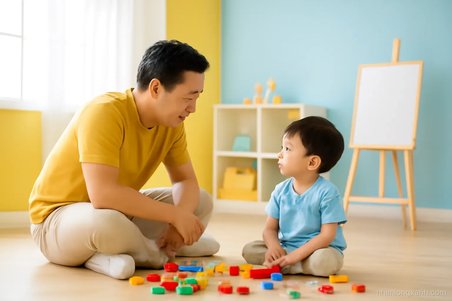 Side view of a Vietnamese father crouching at eye level with his young son beside a scattered toy pile in a bright playroom, gentle daylight, butter yellow and sky blue