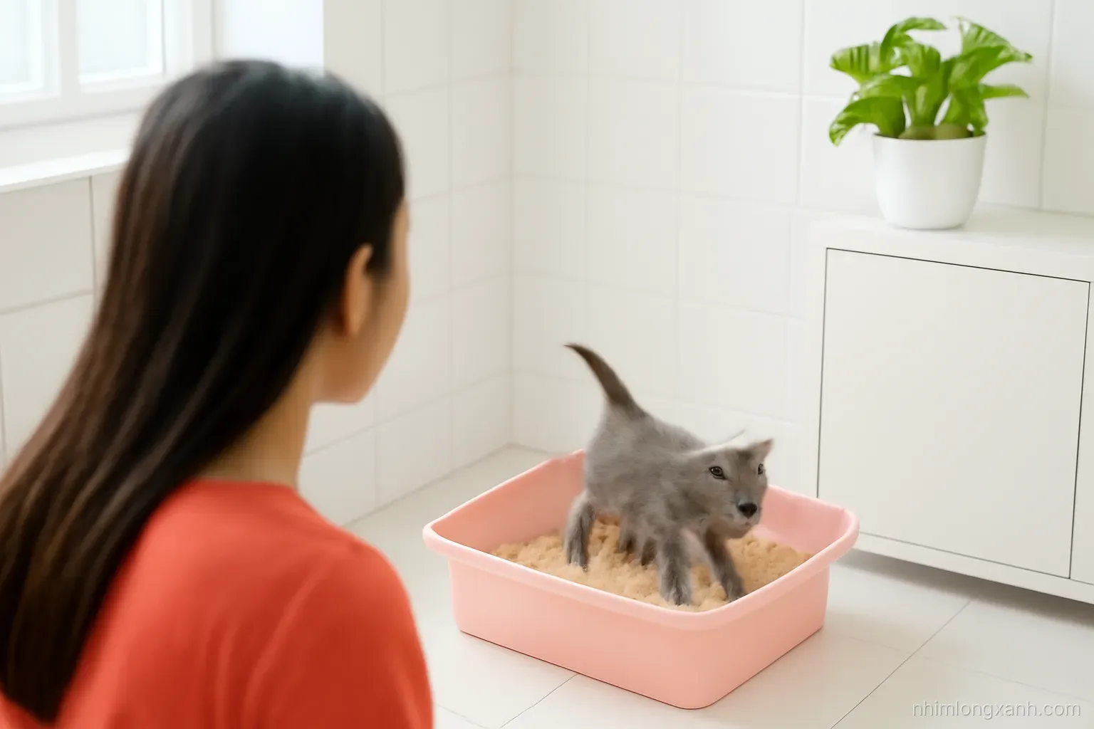 Over-the-shoulder view of a Vietnamese girl watching a gray kitten step into a pastel pink litter box in a bright bathroom corner, soft diffused light, white tiles