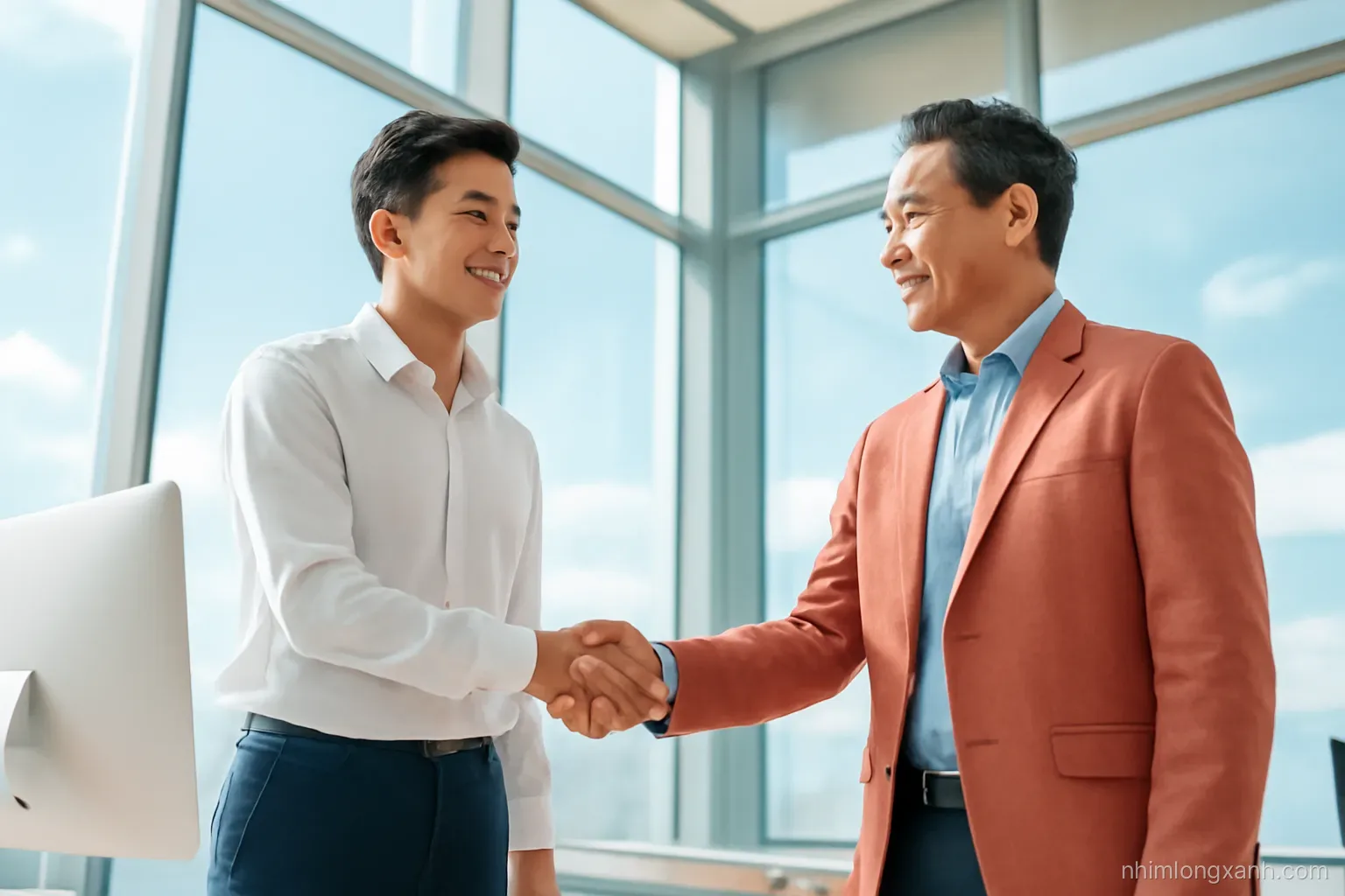 Low angle shot of a young Vietnamese man in a crisp shirt shaking hands with a smiling manager in a sunlit glass-walled office, airy atmosphere, coral and slate blue palette