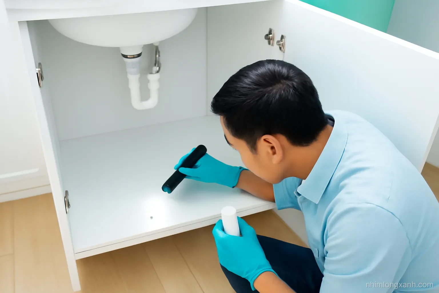 Top-down view of a Vietnamese man in gloves applying tiny bait dots inside a spotless under-sink cabinet with a flashlight, crisp white and teal tones
