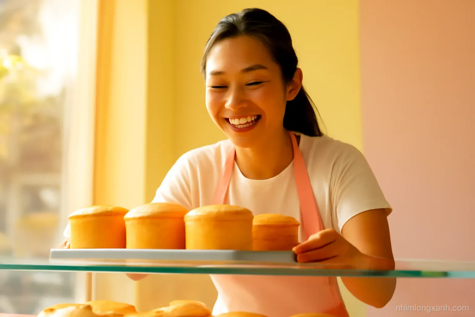 Low angle shot of a smiling Vietnamese baker placing sponge cakes on a glass bakery shelf, golden afternoon light through a window, warm yellow and pastel pink palette