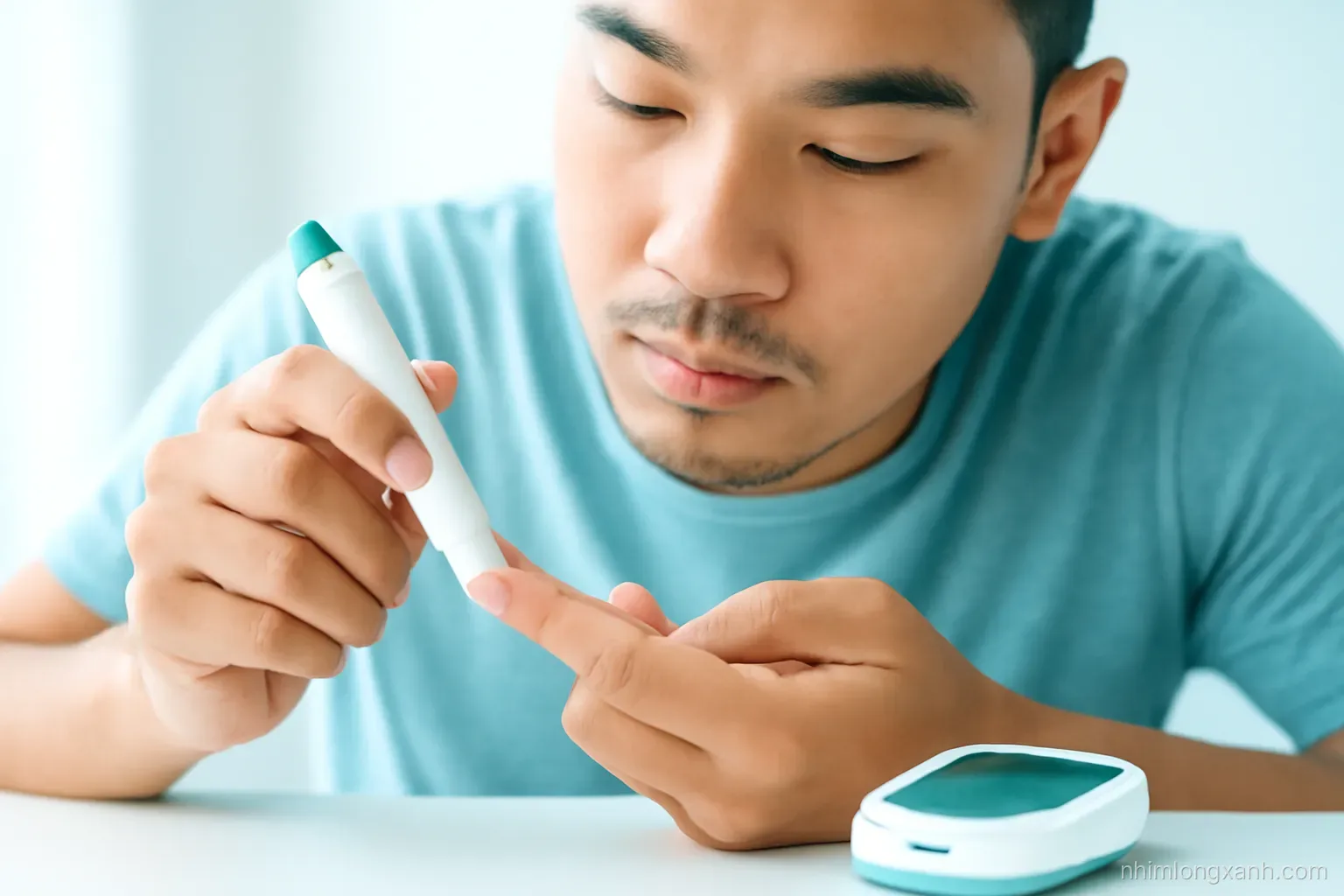 Macro close-up of a Vietnamese man pricking the side of his fingertip with a small lancet device beside a compact glucose meter with blank display, clean white desk, cool teal and silver tones