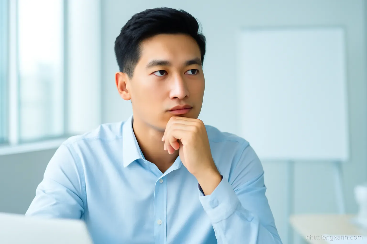 Close-up portrait of a young Vietnamese man in a light blue shirt listening thoughtfully across a meeting table, hand resting on chin, soft diffused office light, cool blue and white palette