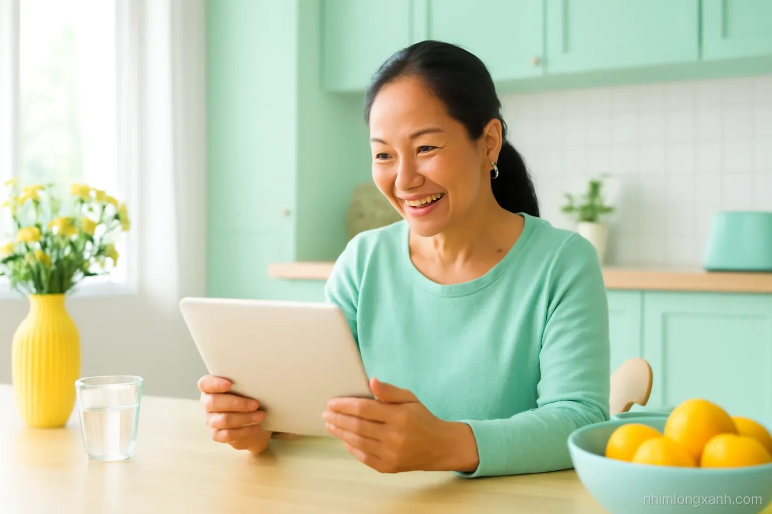 Wide shot of a Vietnamese woman in her fifties sitting at a sunny kitchen table, smiling at a tablet with a blank glowing screen, mint green and lemon yellow palette