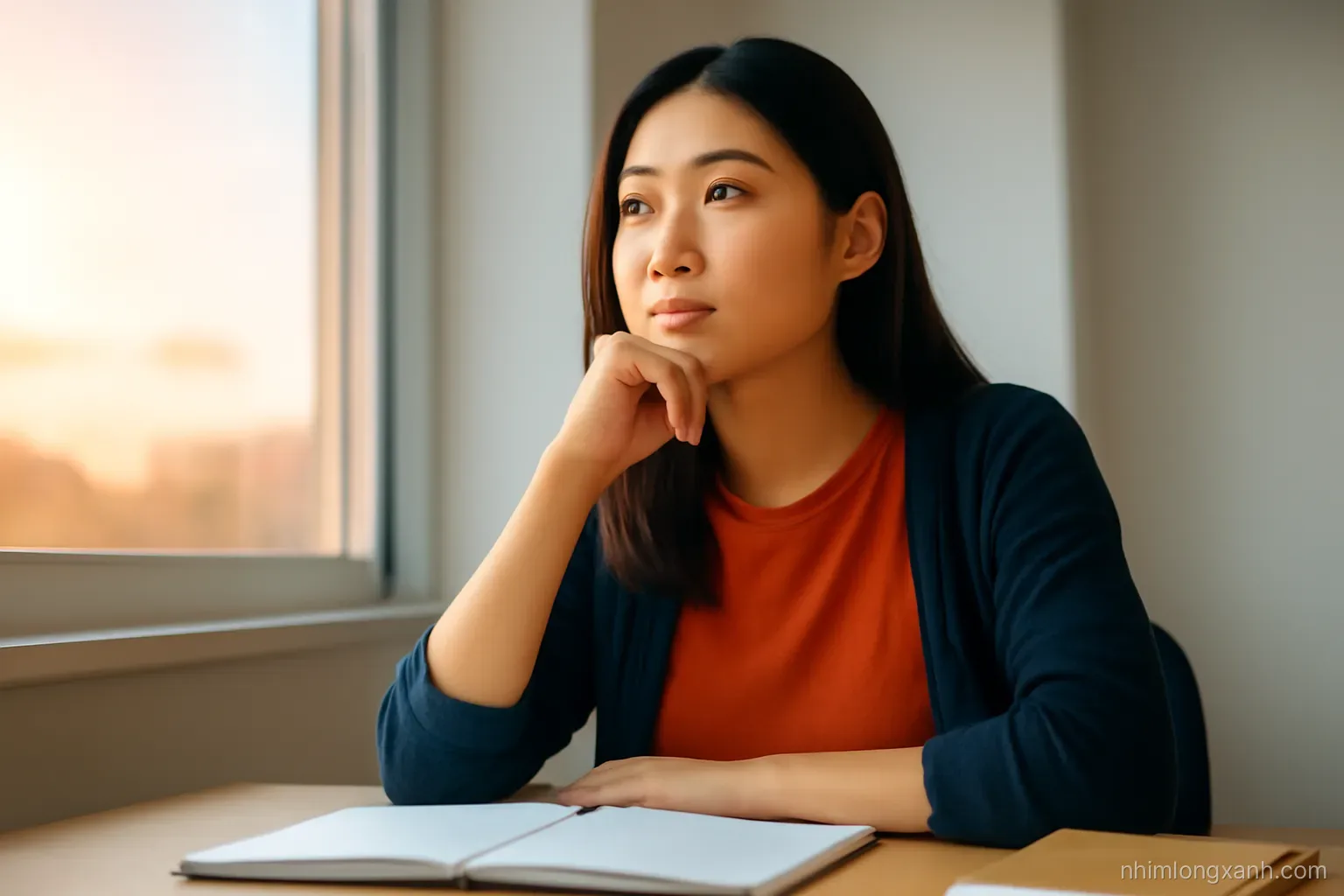 Low angle shot of a Vietnamese university student pausing thoughtfully with chin on hand at a window-side desk with blank pages, golden hour glow, orange and navy palette