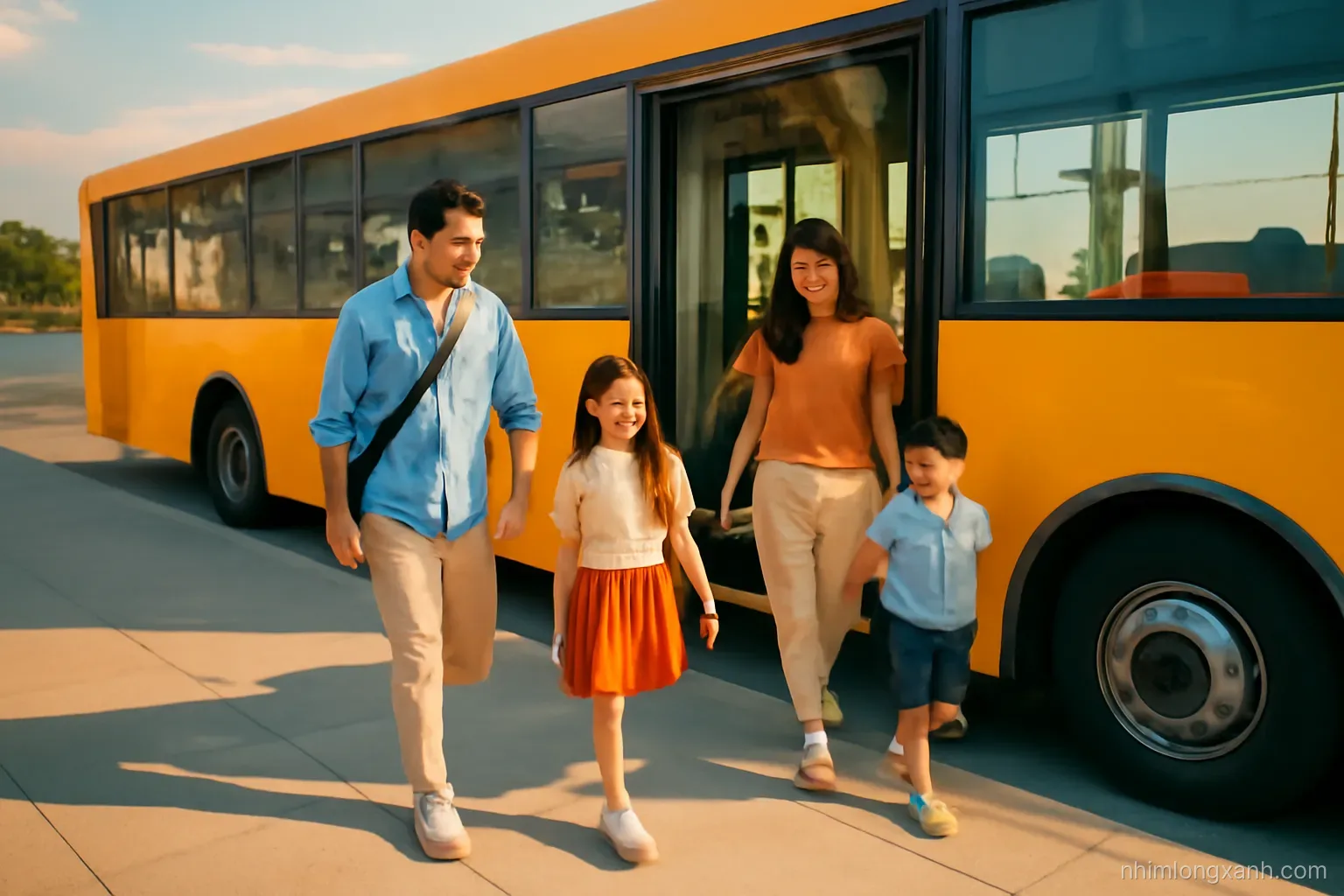 Wide shot from above of a Vietnamese family stepping off a bright yellow city bus onto a clean sidewalk at golden hour, long shadows, warm amber and sky blue palette