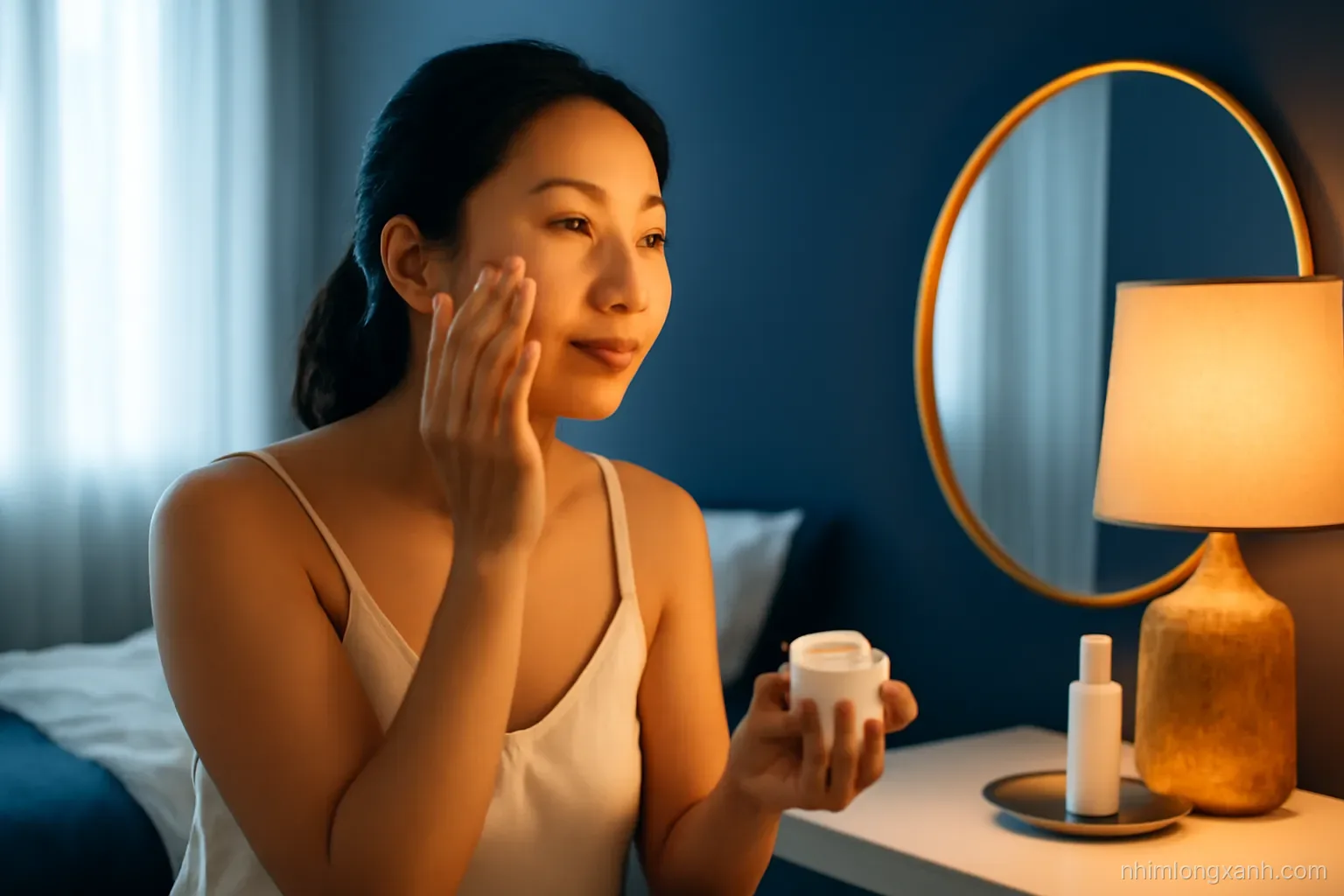 Low-angle view of a Vietnamese woman in her thirties applying night cream by a softly lit bedroom vanity, warm amber lamp glow, deep navy and gold tones, calm evening mood