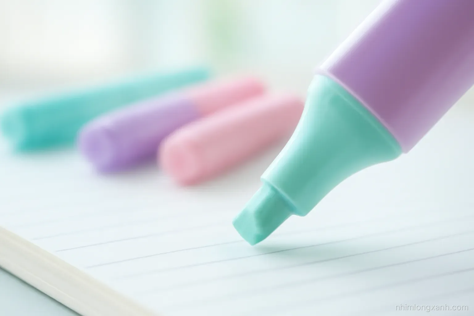 Extreme macro close-up at a low side angle of a pastel highlighter tip touching an empty ruled notebook page, colored pens blurred behind, soft window light, mint and lilac palette