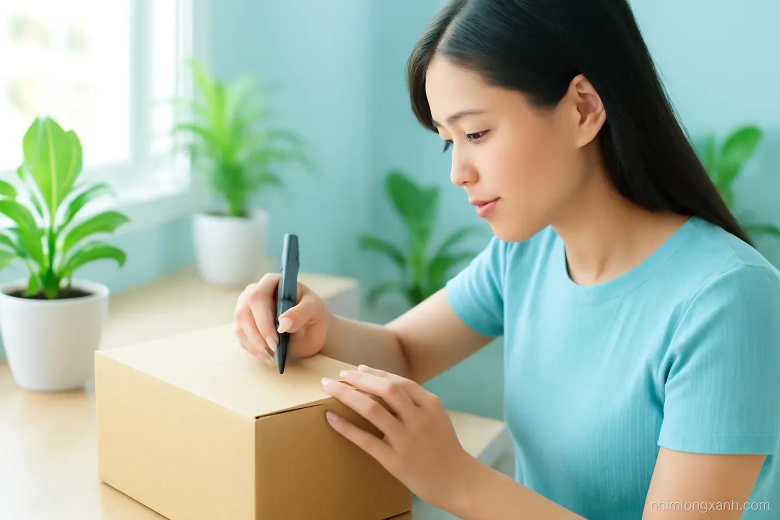 Over-the-shoulder close-up of a young Vietnamese woman writing on a blank parcel box with a marker at a sunny home desk, plants nearby, soft pastel blue palette