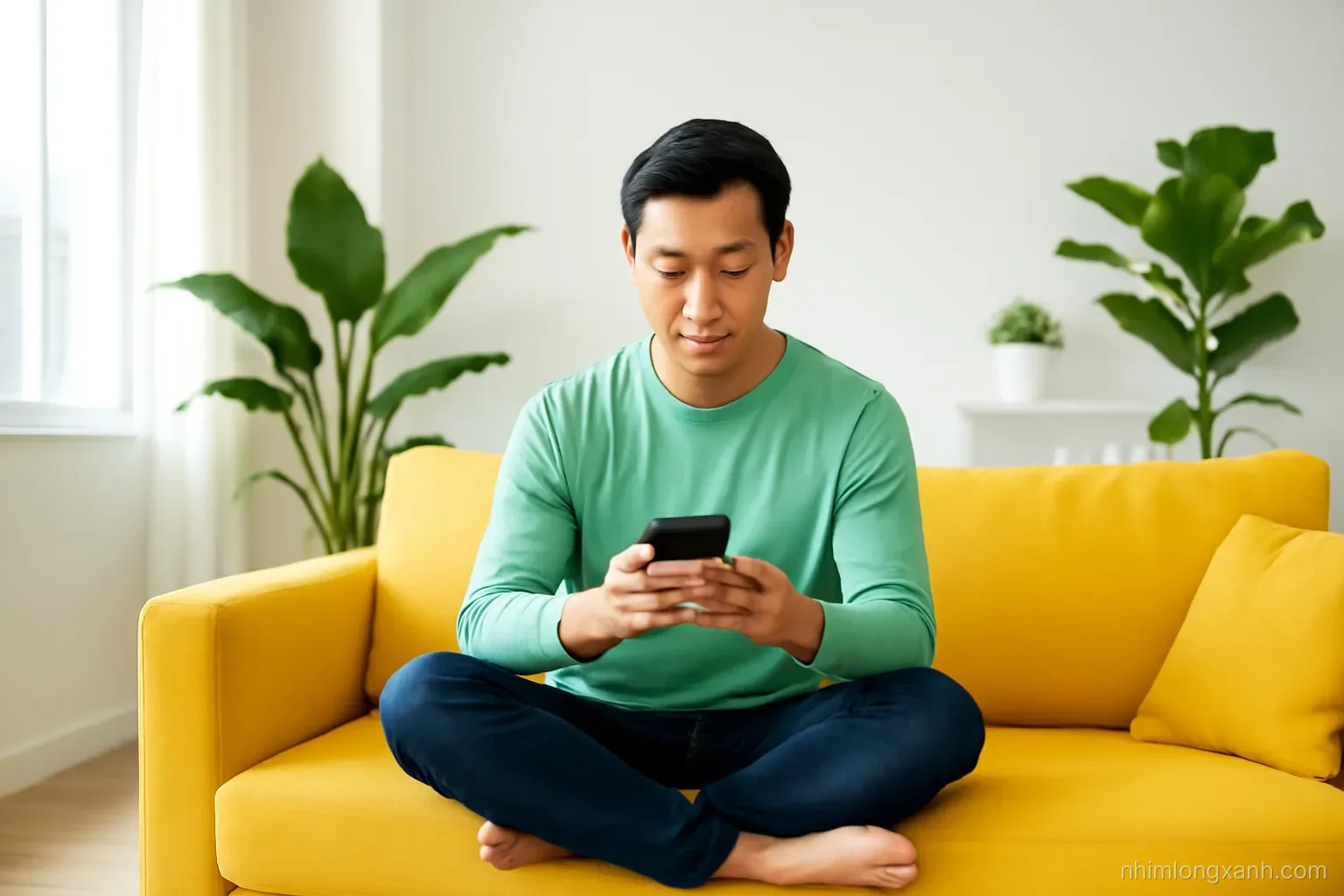Wide shot of a Vietnamese man sitting cross-legged on a bright sofa sorting through his phone, glowing empty screen, potted plants and white walls, airy natural light, green accents
