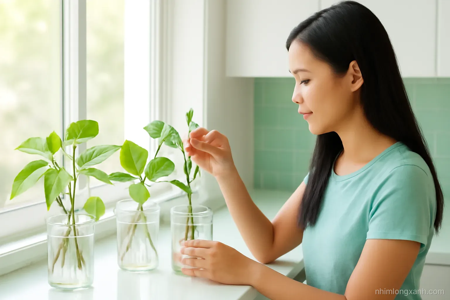 Side view of a sunny kitchen windowsill lined with clear glass jars holding pothos and rose cuttings with fresh white roots, a Vietnamese girl adding one more, mint and white tones