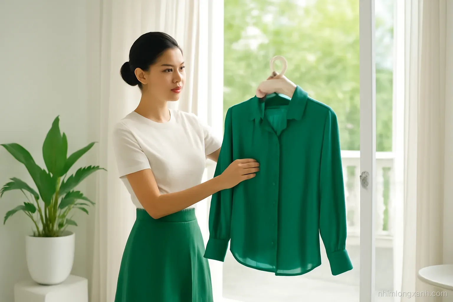 Wide shot of a Vietnamese woman hanging an emerald silk blouse on a padded hanger beside an airy shaded balcony, soft diffused light, jade green and ivory palette