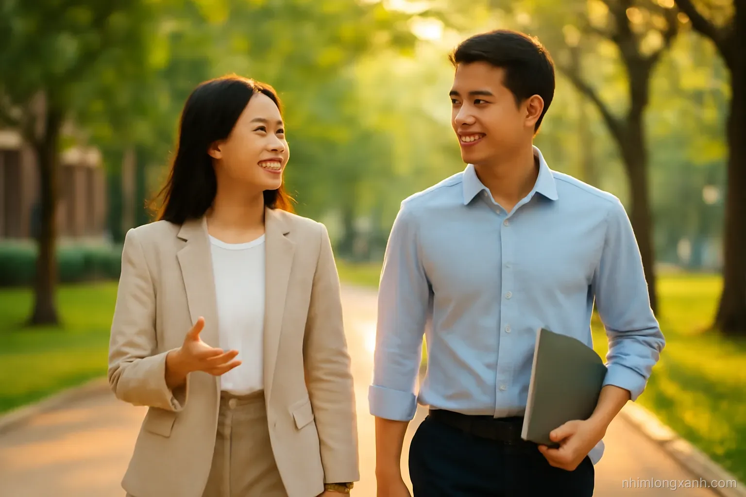 Medium shot of two Vietnamese colleagues walking side by side along a leafy campus path, one gesturing gently while talking, soft golden hour backlight, warm amber and green palette