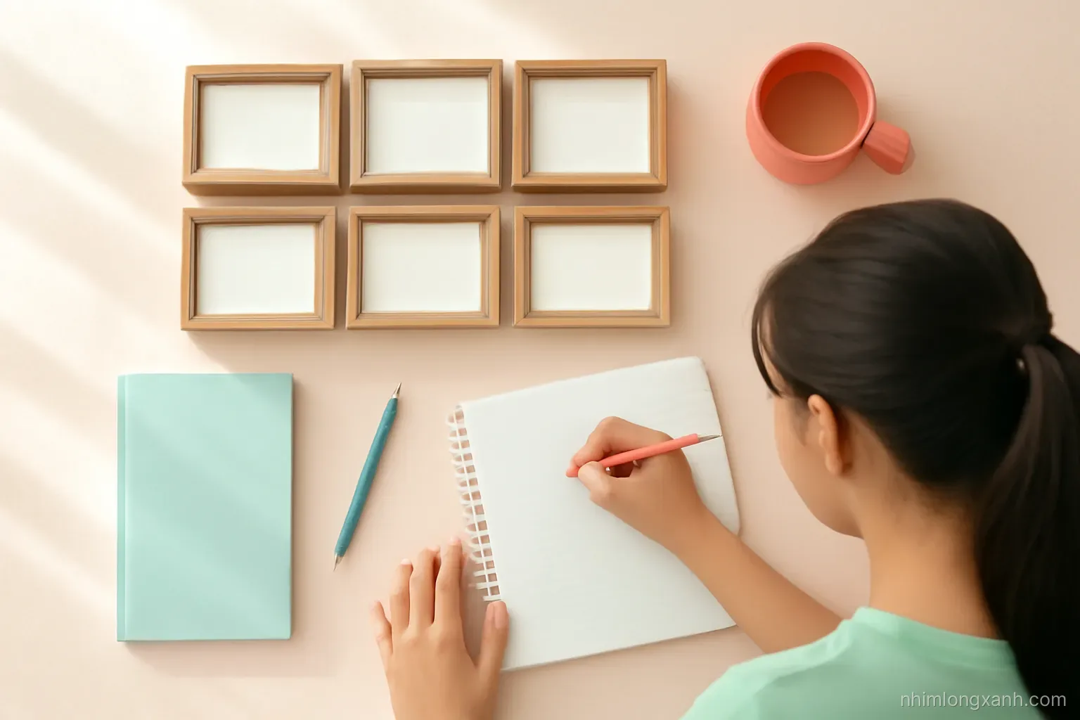 Top-down flat lay of a young Vietnamese student desk with blank index cards sorted into five small wooden boxes, mint and coral palette, soft morning window light