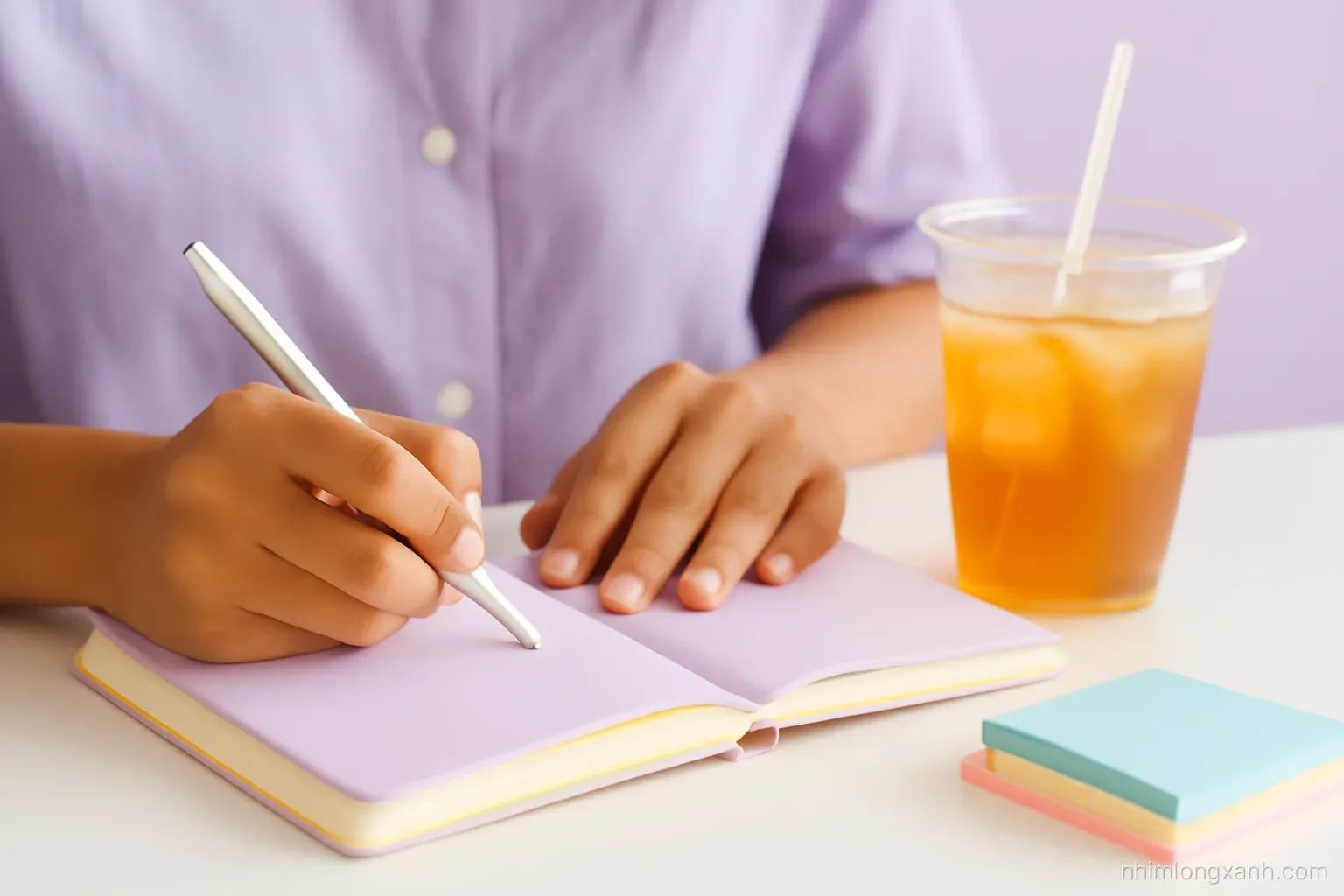 Close-up macro of a Vietnamese woman hands writing in a pastel notebook beside a cup of iced tea and colorful sticky notes, shallow depth of field, lavender tones