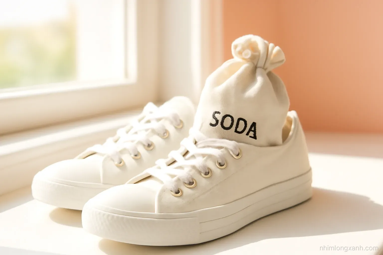 Close-up of white canvas sneakers on a sunny windowsill, a small linen pouch of baking soda tucked inside, soft coral and cream palette, shallow depth of field