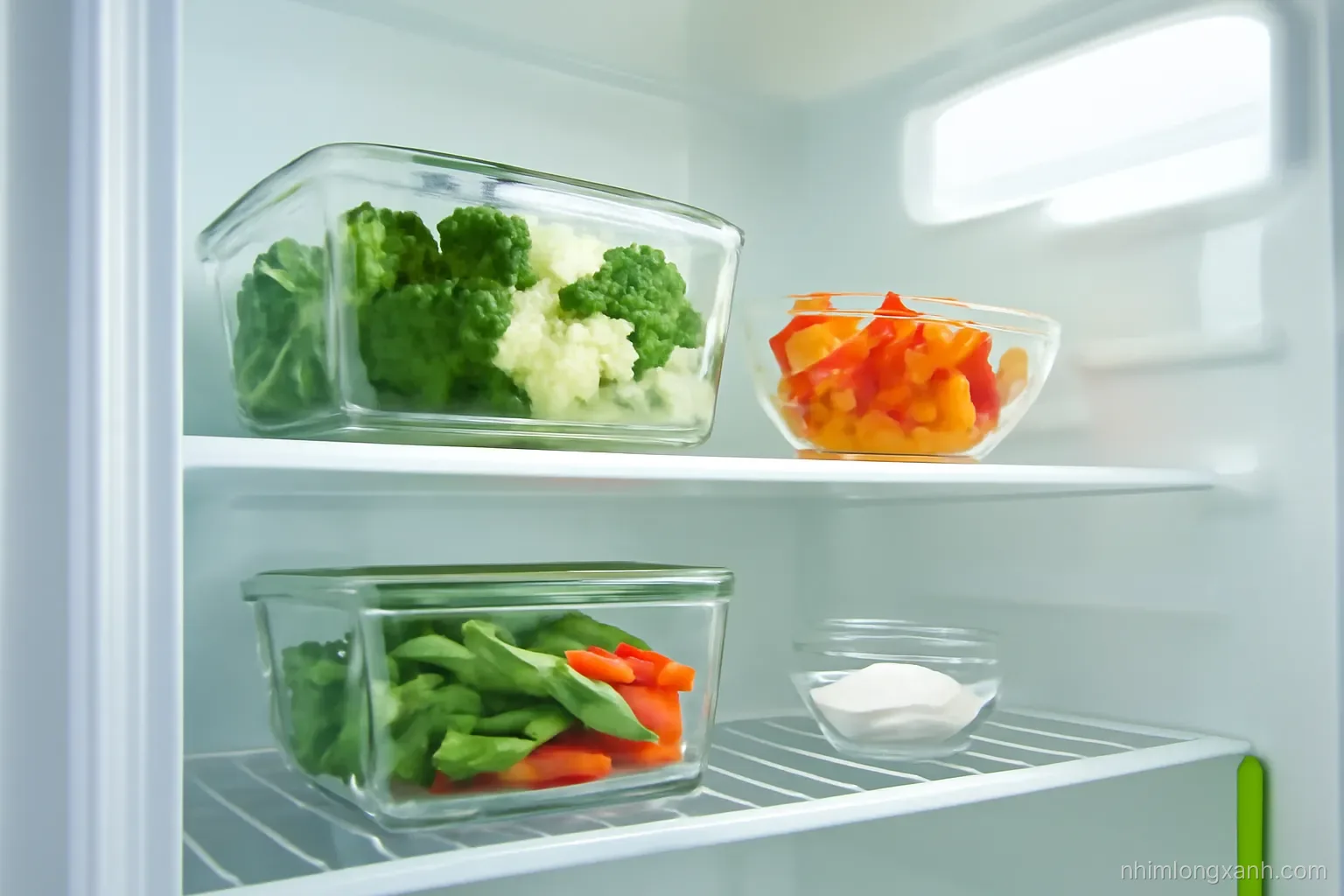 Low angle view inside a clean open refrigerator with glass containers of colorful vegetables and a small bowl of baking soda, cool white and lime green tones