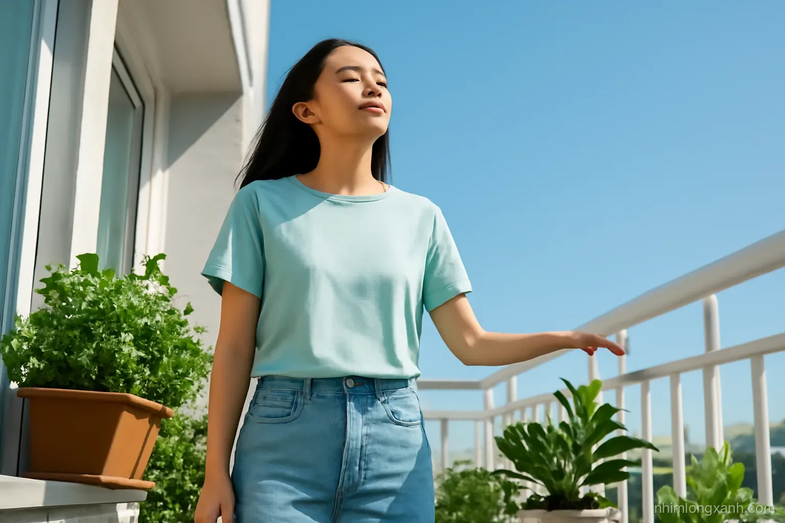 Low angle shot of a young Vietnamese woman standing on a breezy apartment balcony with eyes closed, taking a slow deep breath, potted plants around, clear morning sky, fresh mint and sky blue colors