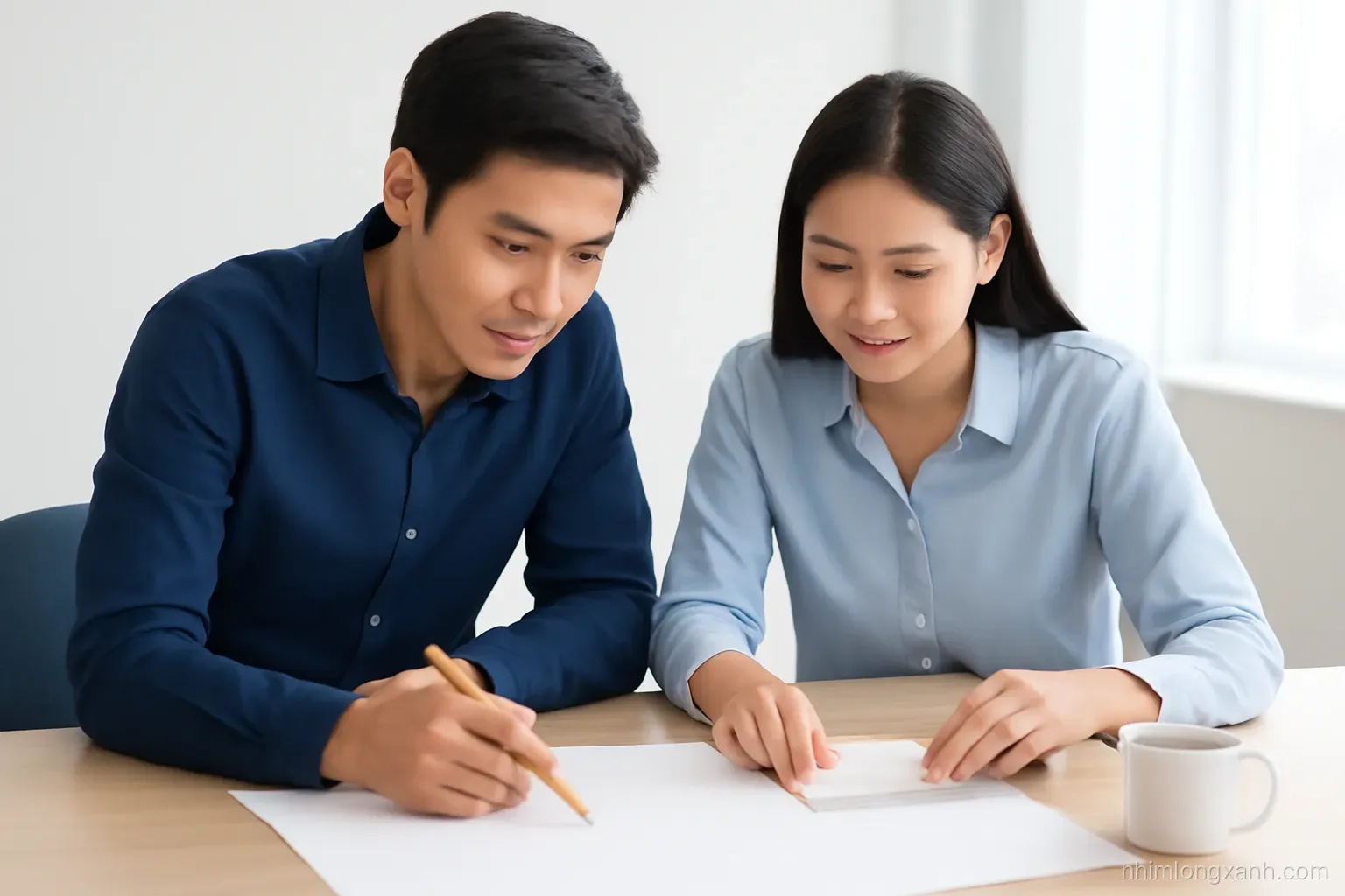 Side view of a Vietnamese couple leaning over a large blank sheet on an office desk, pointing with a pencil, ruler and coffee cups nearby, clean white light, navy and pale wood tones