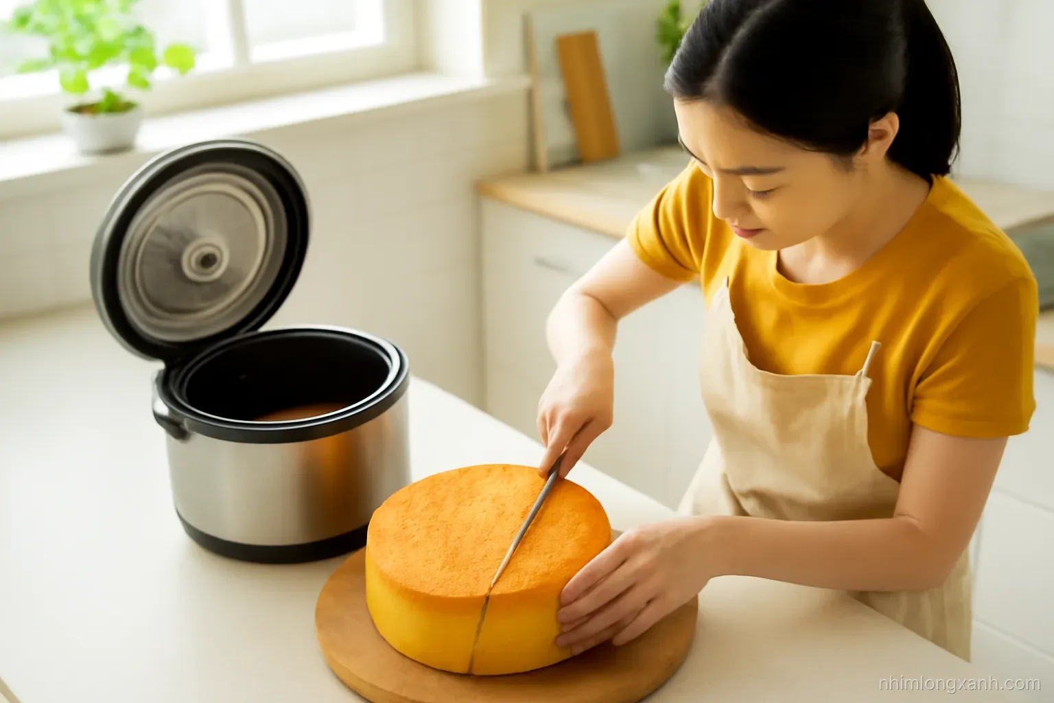 Top-down view of a tall golden sponge cake just lifted from a rice cooker pot onto a wooden board, a Vietnamese woman slicing it, bright kitchen, warm yellow tones