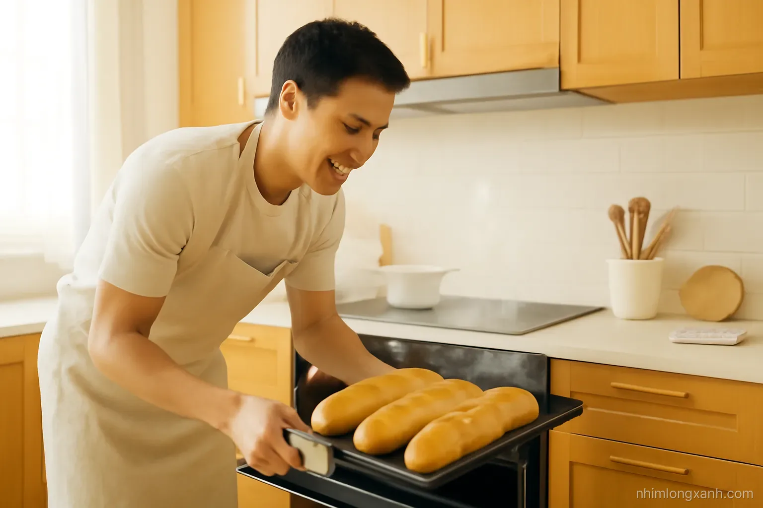 Wide shot of a young Vietnamese man pulling a tray of golden crackly baguettes from a home oven, steam rising, warm kitchen, honey and cream tones, eye-level view