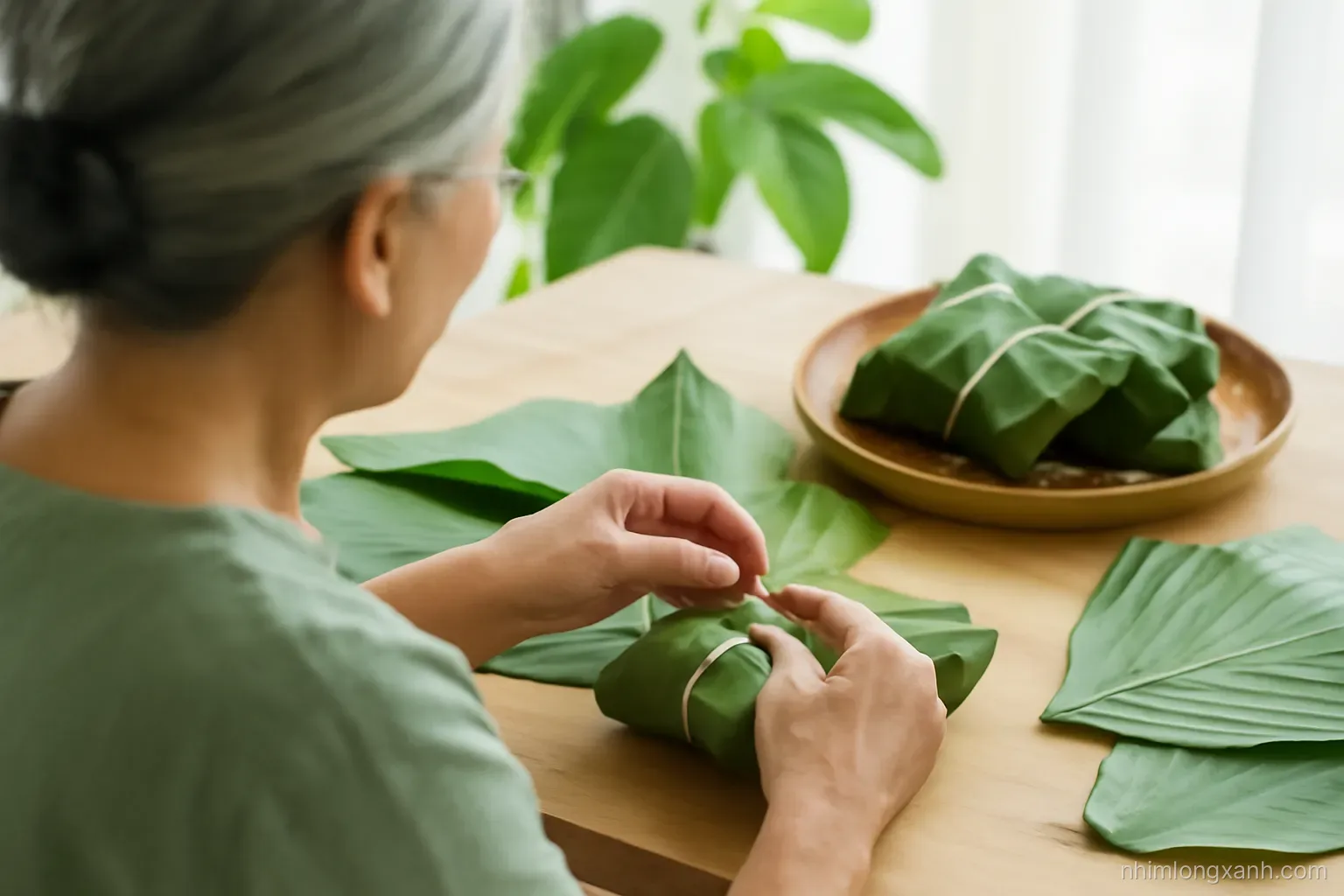 Over-the-shoulder shot of a Vietnamese grandmother tying a banana leaf wrapped pork roll with string at a wooden table, fresh green leaves, soft afternoon light, leafy green palette