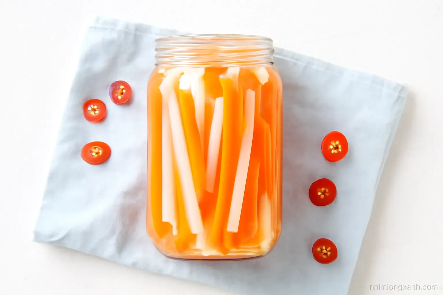 Flat lay of orange carrot and white daikon matchsticks in a tall glass jar with clear brine, scattered chili slices, pale blue linen, bright overhead daylight, fresh orange-white palette