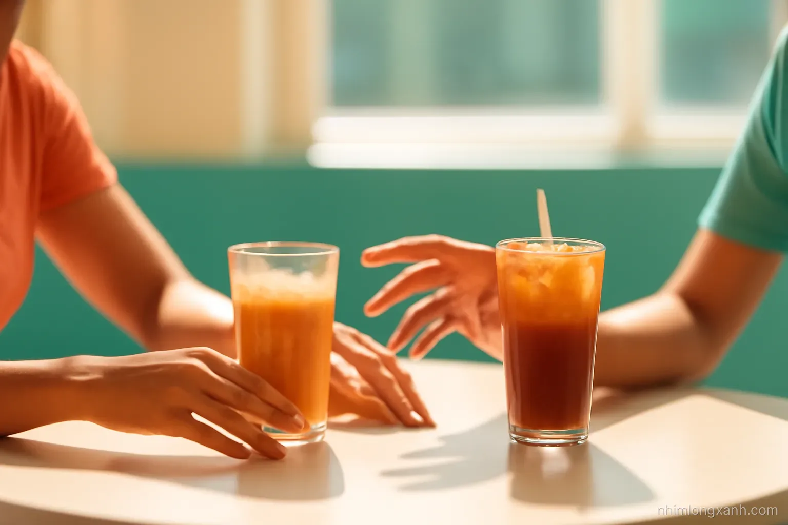 Close-up of two Vietnamese hands reaching across a sunlit cafe table toward each other beside two iced drinks, warm peach and teal tones, shallow depth of field