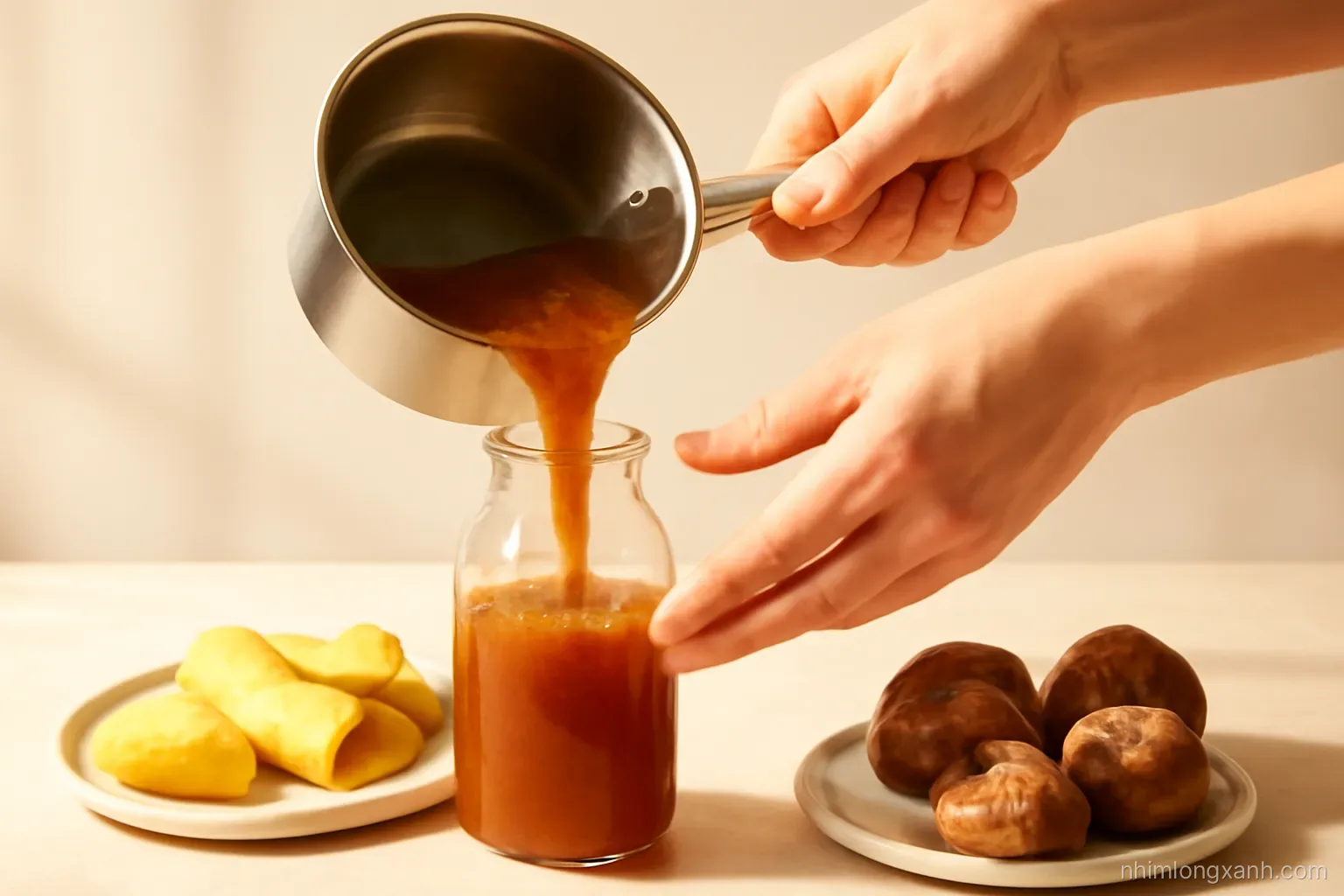 Close-up of hands pouring amber homemade vegetarian dipping sauce from a small saucepan into a clear glass bottle beside pineapple slices and shiitake, warm tungsten light, amber and brown tones