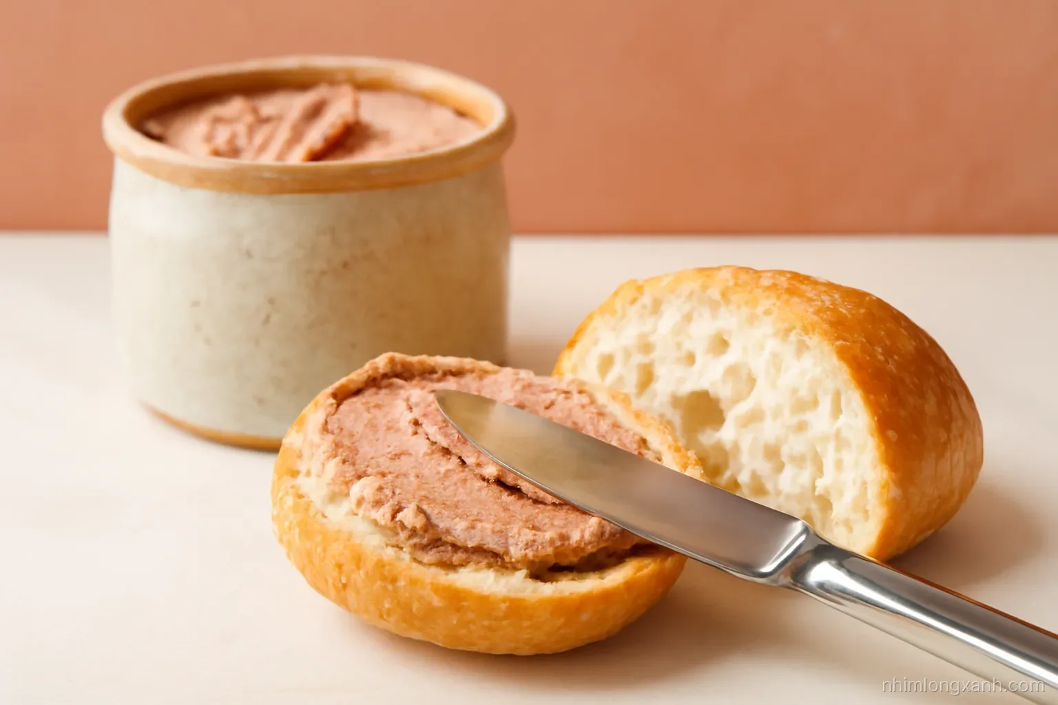 Close-up macro of smooth pinkish-brown liver pate being spread with a butter knife onto a split crusty roll, rustic ceramic jar, terracotta and cream palette, side light