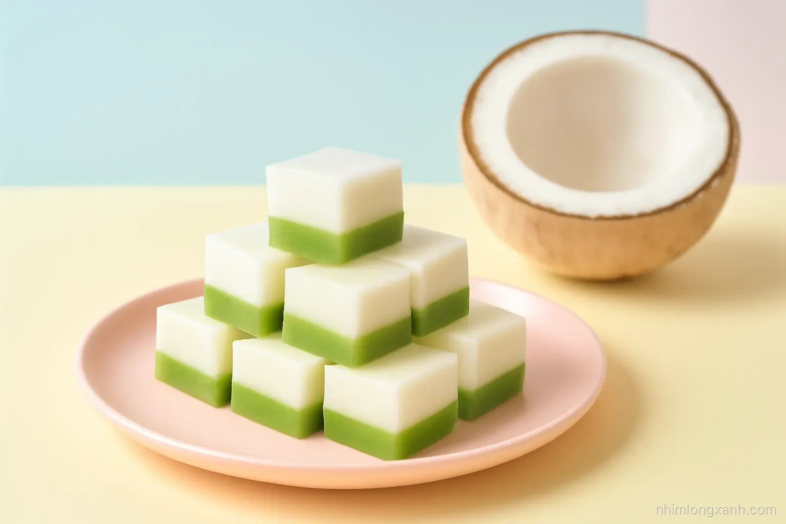 Eye-level three-quarter view of neatly cut two-layer coconut jelly cubes, white and pandan green, stacked on a pale pink plate beside a halved young coconut, bright modern pastel setting
