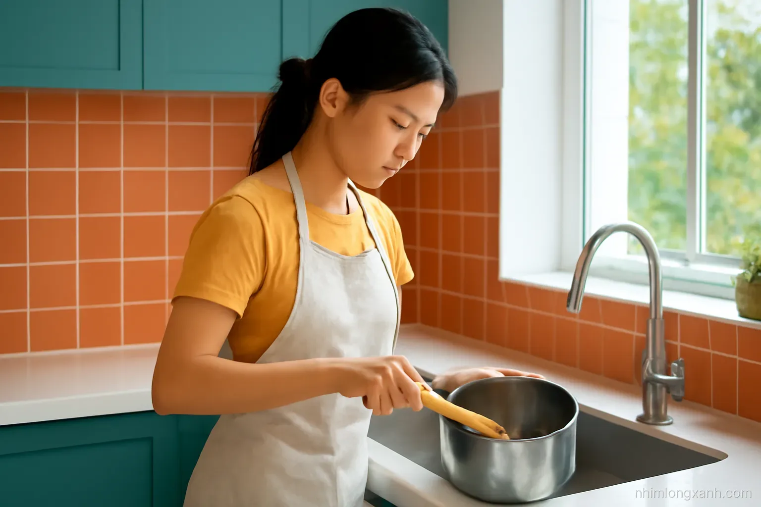 Eye-level side view of a young Vietnamese woman in an apron scraping loosened residue from a stainless steel pot with a wooden spatula at a sunny sink, terracotta and teal kitchen