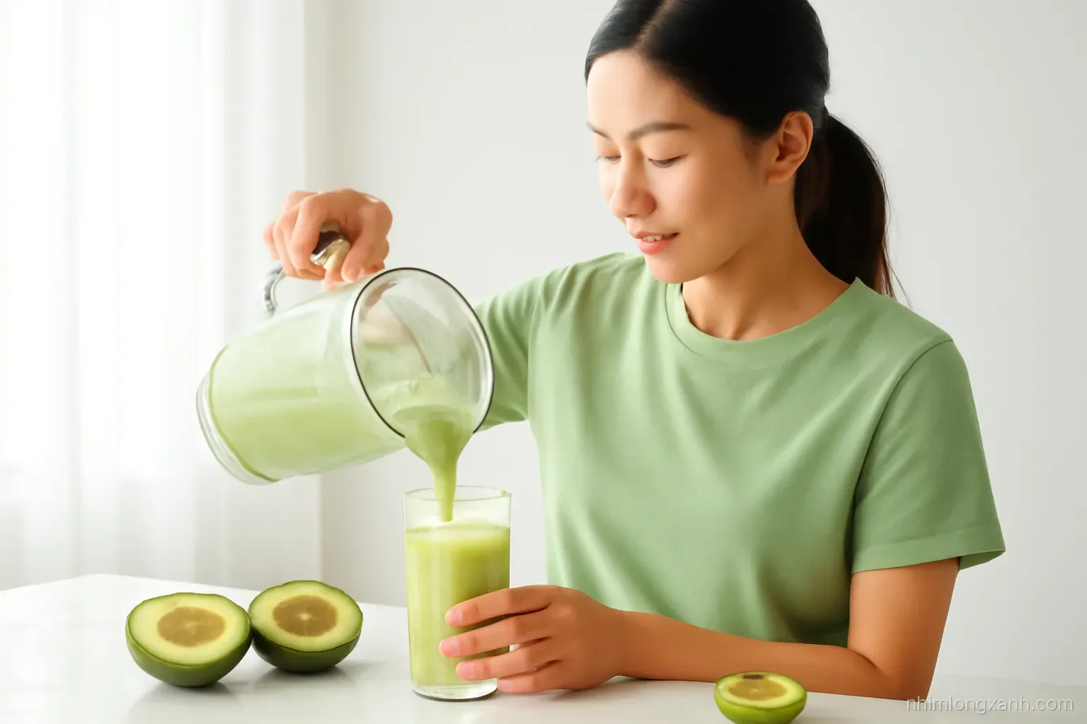 Side view of a Vietnamese woman pouring thick pale green avocado smoothie from a blender jug into a tall glass, halved avocados on a marble counter, fresh lime green tones