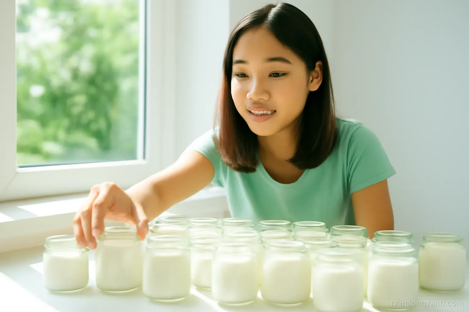 Low angle shot of rows of small glass jars filled with thick white yogurt cooling on a sunny windowsill, a Vietnamese girl reaching for one, fresh green and white tones