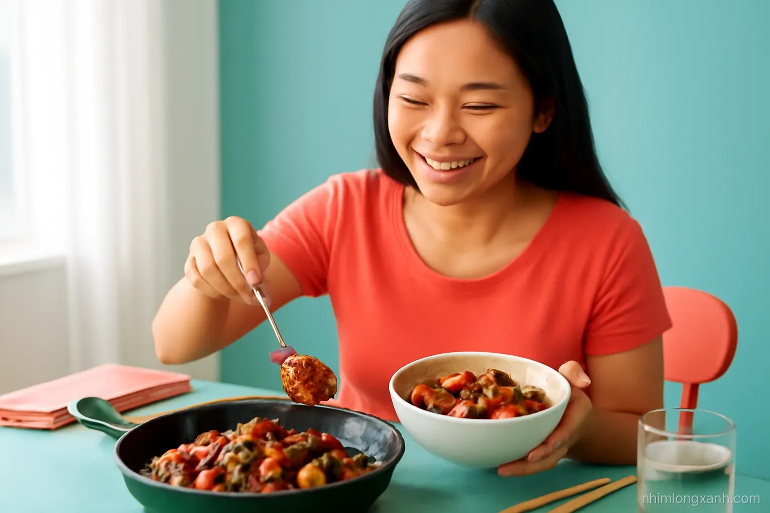 Eye-level three-quarter shot of a Vietnamese mother spooning glossy sweet and sour pork ribs from a cast iron pan into a bowl at a bright dining table, coral red and teal tones