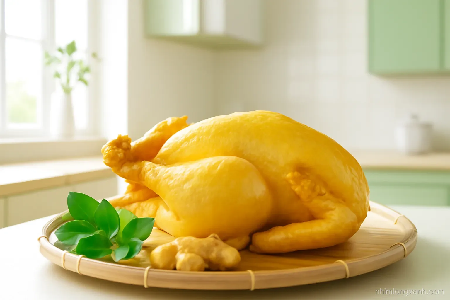 Low angle shot of a whole golden boiled chicken on a bamboo tray beside lime leaves and ginger, bright airy kitchen, pale yellow and leaf green palette, crisp daylight