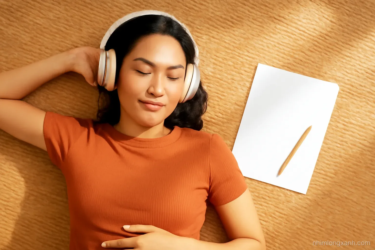 Bird eye view of a Vietnamese woman lying on a sunlit rattan mat wearing over-ear headphones, eyes closed, a pencil and blank paper beside her, warm orange and cream tones