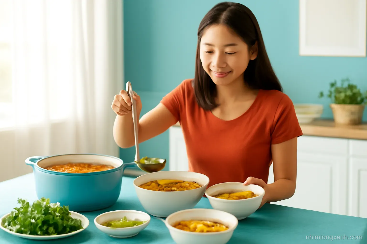 Wide shot of a young Vietnamese woman ladling sour fish soup with pineapple, tomato and okra into bowls at a sunny family table, fresh green herbs, bright turquoise and orange tones