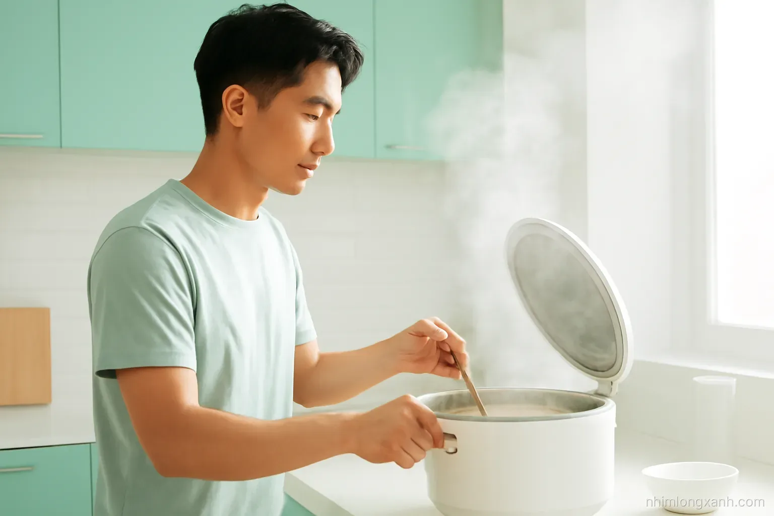 Medium side shot of a young Vietnamese man lifting a rice cooker lid as steam billows, wooden paddle in hand, minimalist pastel kitchen, white and mint palette, gentle backlight