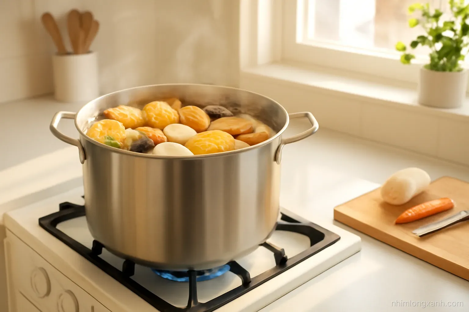 Wide shot of a large steel stockpot simmering with corn, daikon, carrots and shiitake on a gas stove in a sunlit Vietnamese kitchen, gentle steam, golden and orange tones